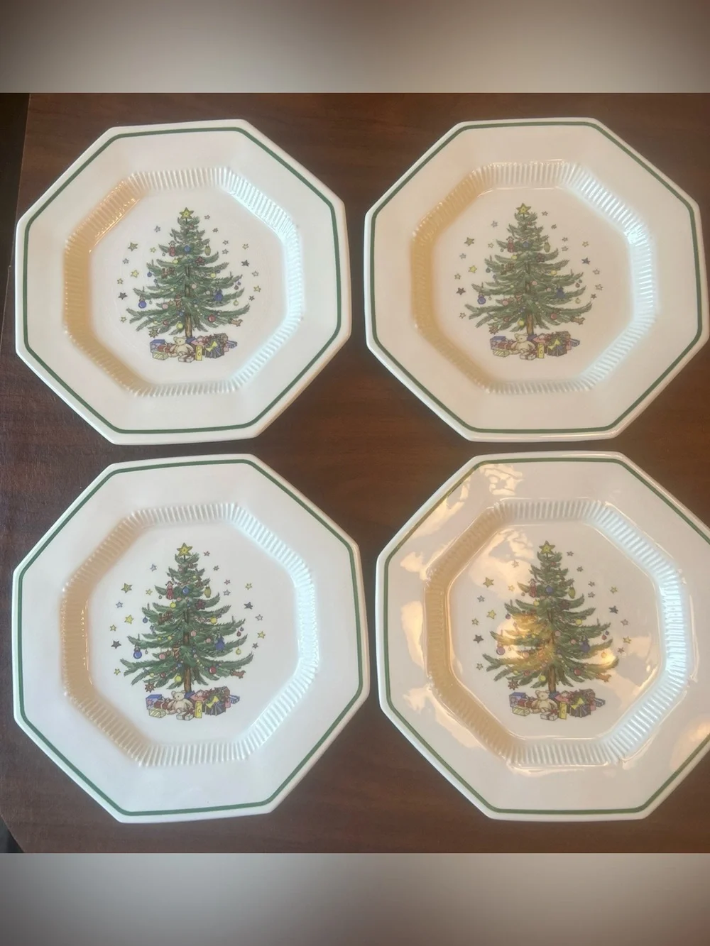 Vtg Nikko Christmastime Set of 4 Octagonal Dinner Plates 10.75” Christmas Tree
